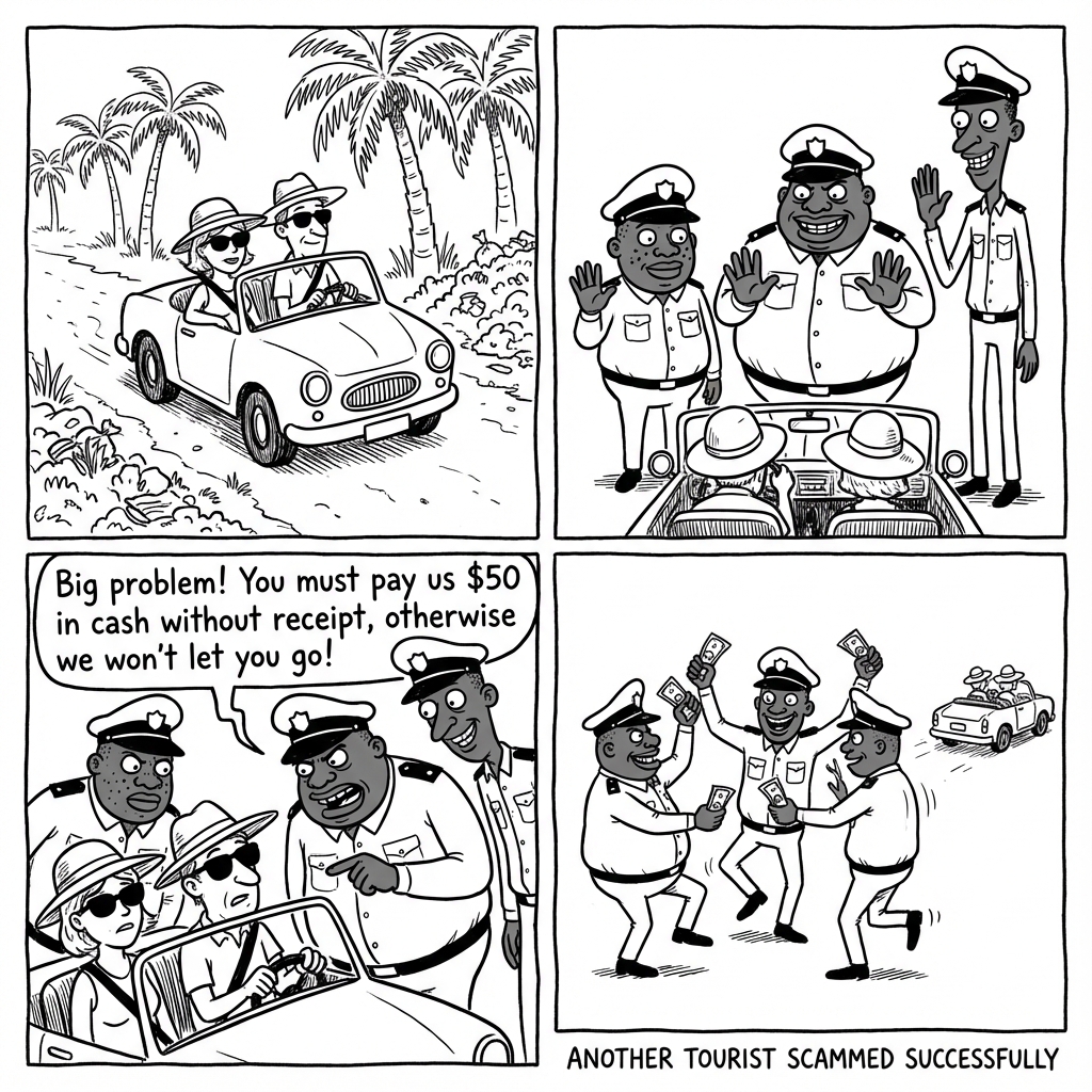 Satirical comic showing police extortion cycle in Zanzibar